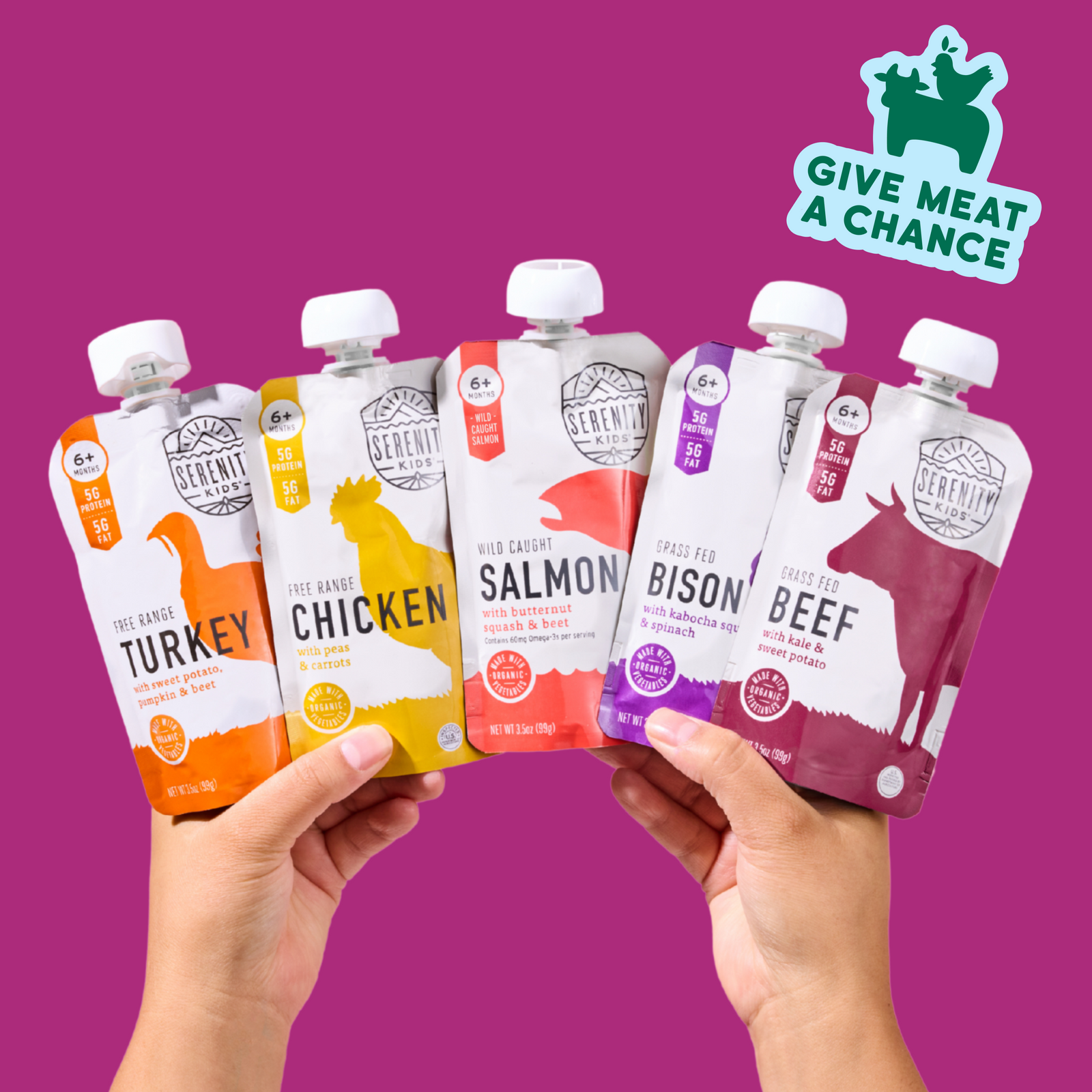 Hands holding various meat pouches with a purple background and 'Give Meat a Chance' logo.
